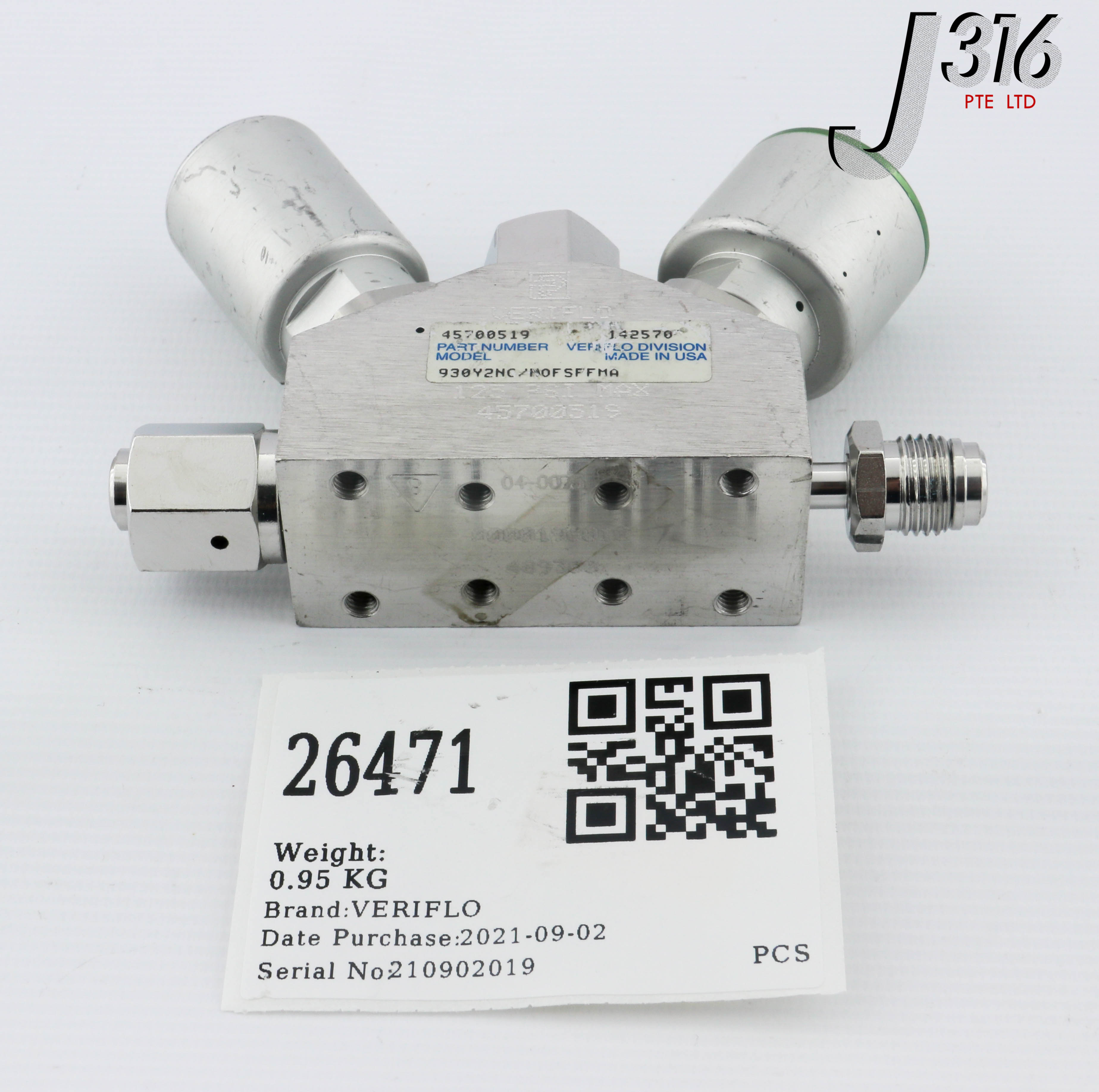 26471 VERIFLO 3-WAY HIGH PURITY DIAPHRAGM VALVE, 45700519 930Y2NC